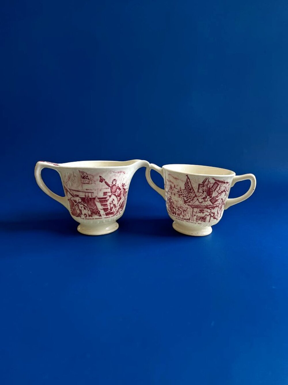 Vintage Homer Laughlin Creamer & Sugar Bowl Set Red Transferware Patriotic USA